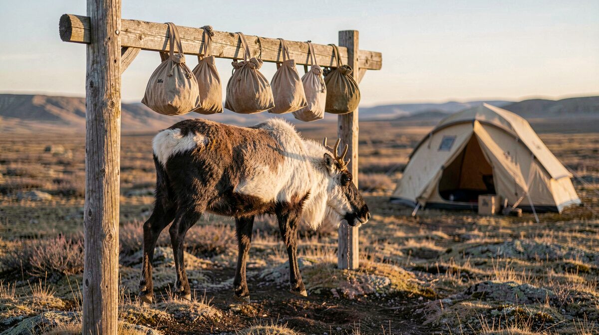 A quartered caribou hanging from a wooden meat pole in open tundra shade, cotton game bags tied at the top, low evening sun raking across the ridge, wide shot with the camp tent soft in the background.