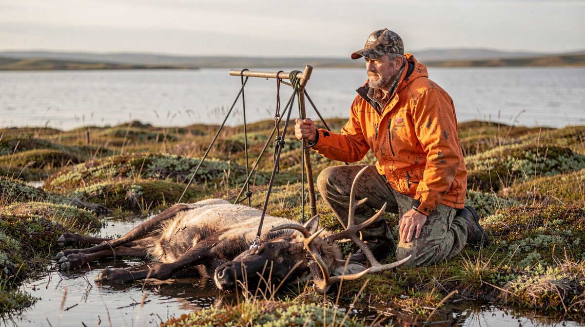 A hunter in a faded orange jacket kneeling on wet tundra beside a quartered caribou hung on a pack frame, low afternoon light from the left, wide shot with moss, sedge and a distant grey lake behind him.