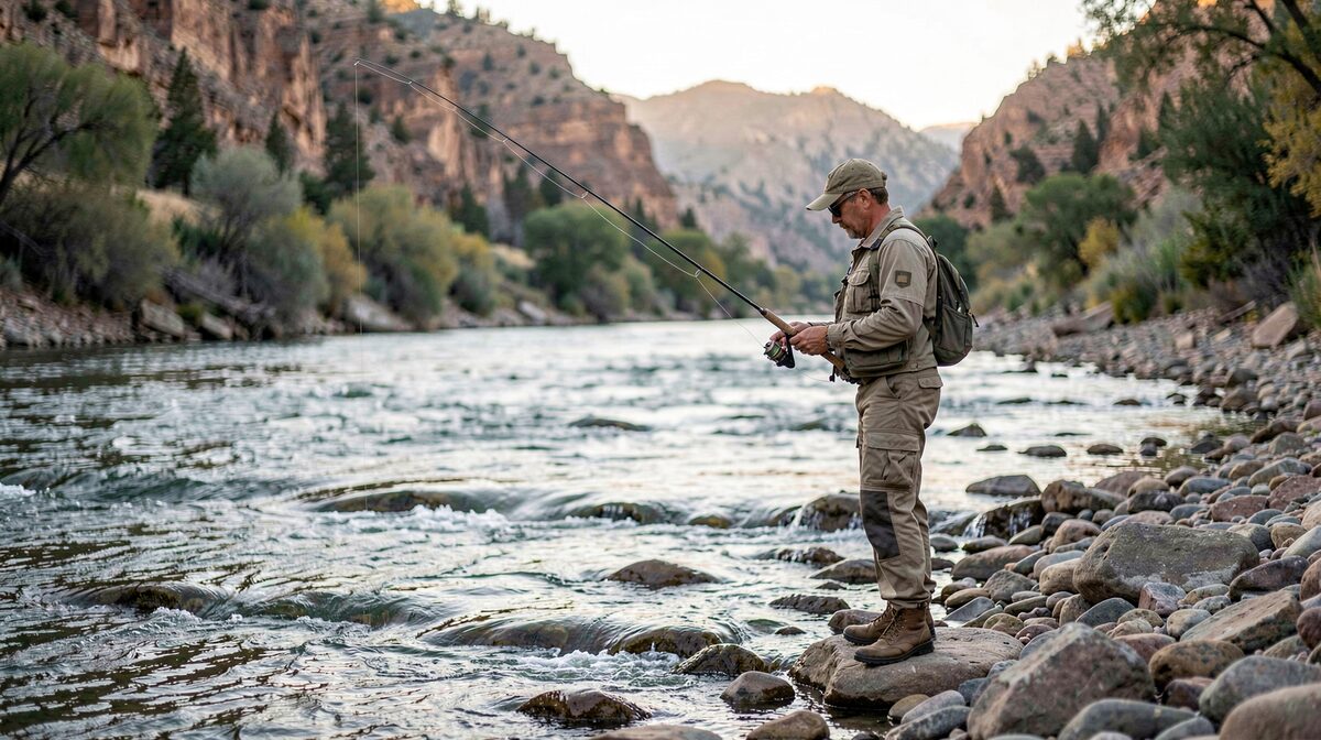 A fly fisherman standing at the edge of a rocky river at first light, rod held low, reading the current before stepping in, with the McCloud river canyon behind him.