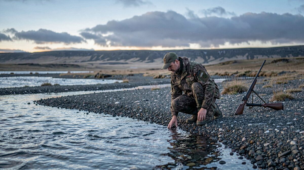 A hunter kneeling at the edge of a gravel-bed northern river at first light, one hand testing the current, rifle laid on the bank behind him, low cloud over the tundra ridge.
